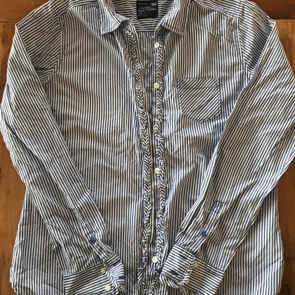 American eagle blue and white striped button up!